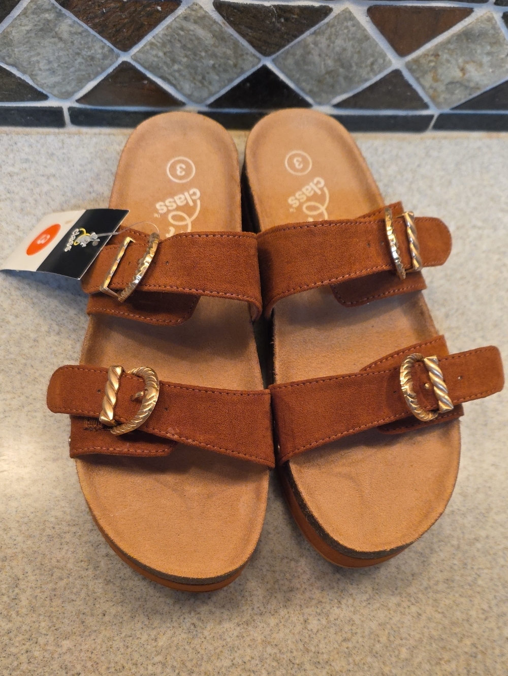 Girls' Tan Double-Buckle Comfort Sandals